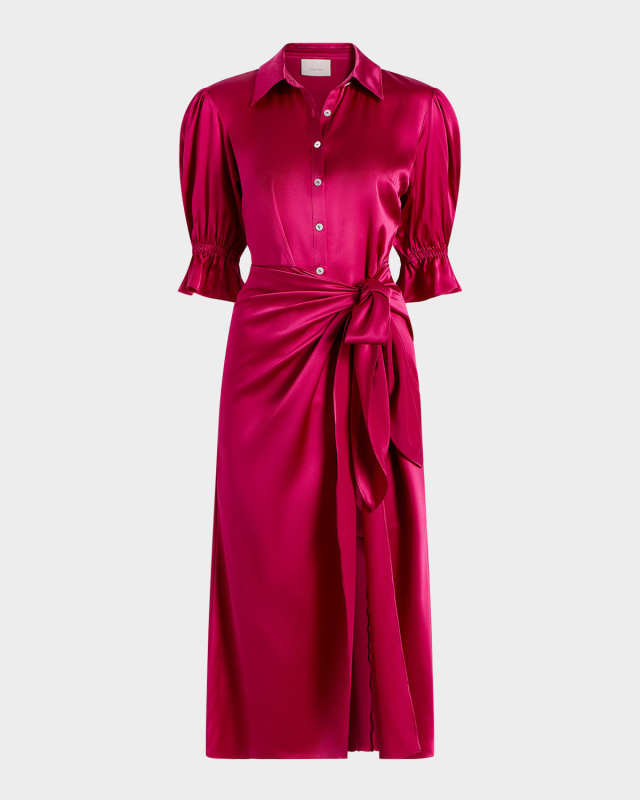 Fabbie Short-Sleeve Gathered Silk Shirtdress